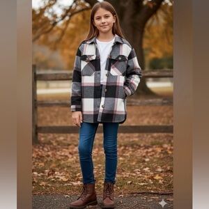 H&M Buffalo Plaid Dusty Rose and Black Shacket Jacket Girls Size 10/11
